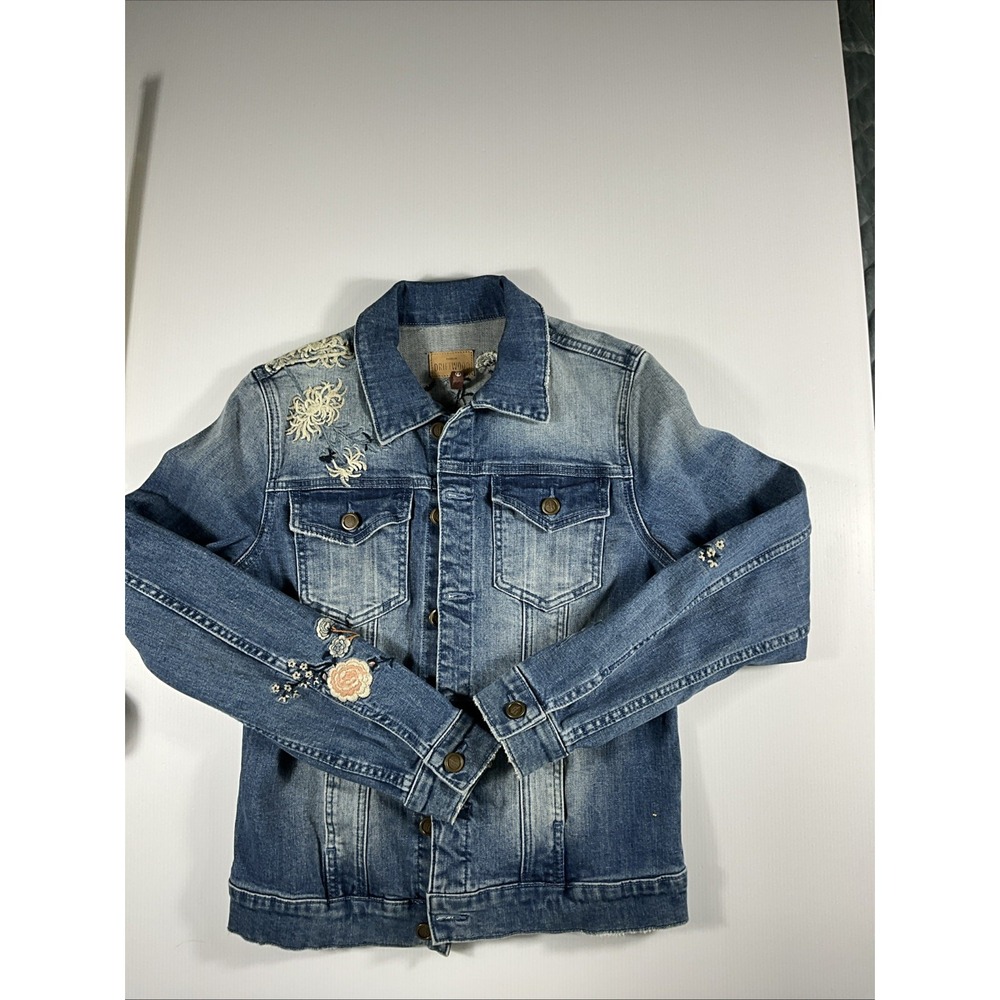 Driftwood Womens S Embroidered Crane Floral Denim Jean Jacket Boho Birds